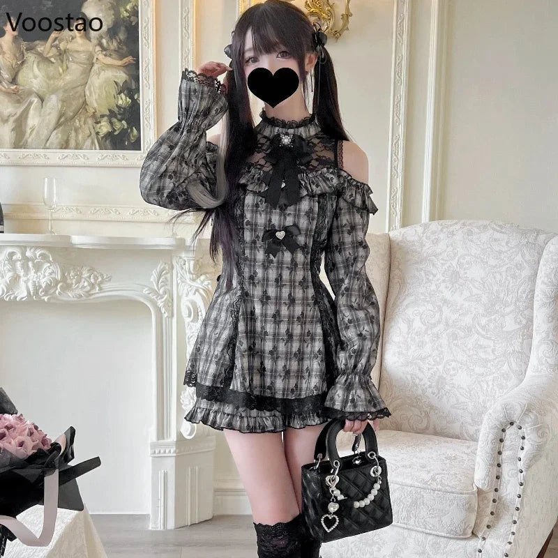 Japanischer Gothic-Stil Y2K Lolita Schleifenkleid Shorts Set Damen Süßes Langarmhemd Partykleider Vintage Karo Slim Minikleid