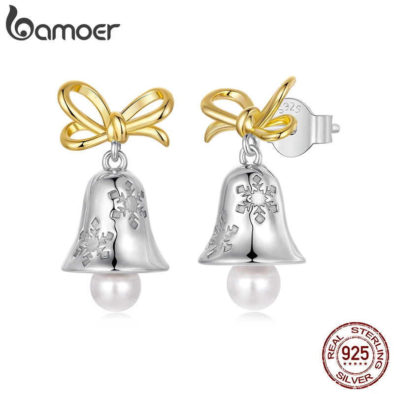 BAMOER 925 Sterling Silber Schneeflocken-Ohrstecker mit Glockenmotiv, Goldene Schleifen-Ohrhänger mit tanzenden Perlen für Damen und Mädchen – Weihnachtsgeschenk