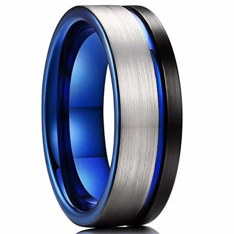 Trendy 8mm Men Frosted Stainless Steel Rings Silver Color Brushed Groove Beveled Edge Engagement Rings For Men Wedding Jewelry