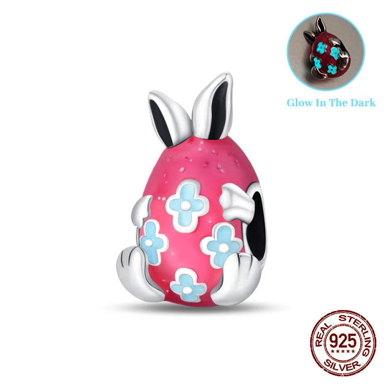 Fit Original 925 Sterling Silver Charms Beads Luminous Easter Egg Pink Baskets Charms for Women Fine DIY Birthday Jewelry Gifts