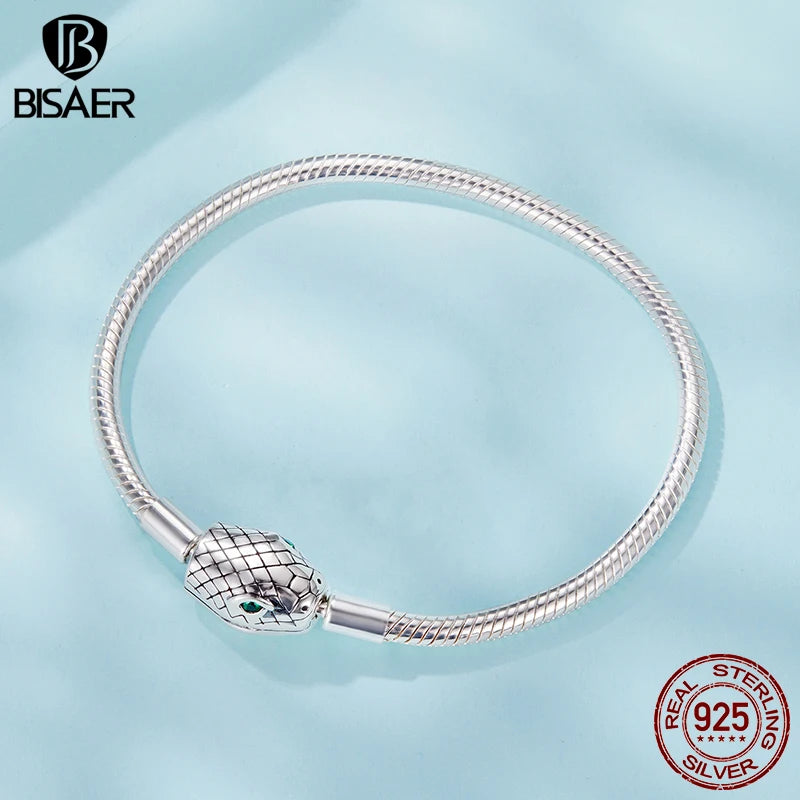 BISAER 925 Sterling Silver Snake Green Zircon Bracelet Snake Bone Basic Bracelet for Women Charms Beads DIY Fine Jewelry Gift