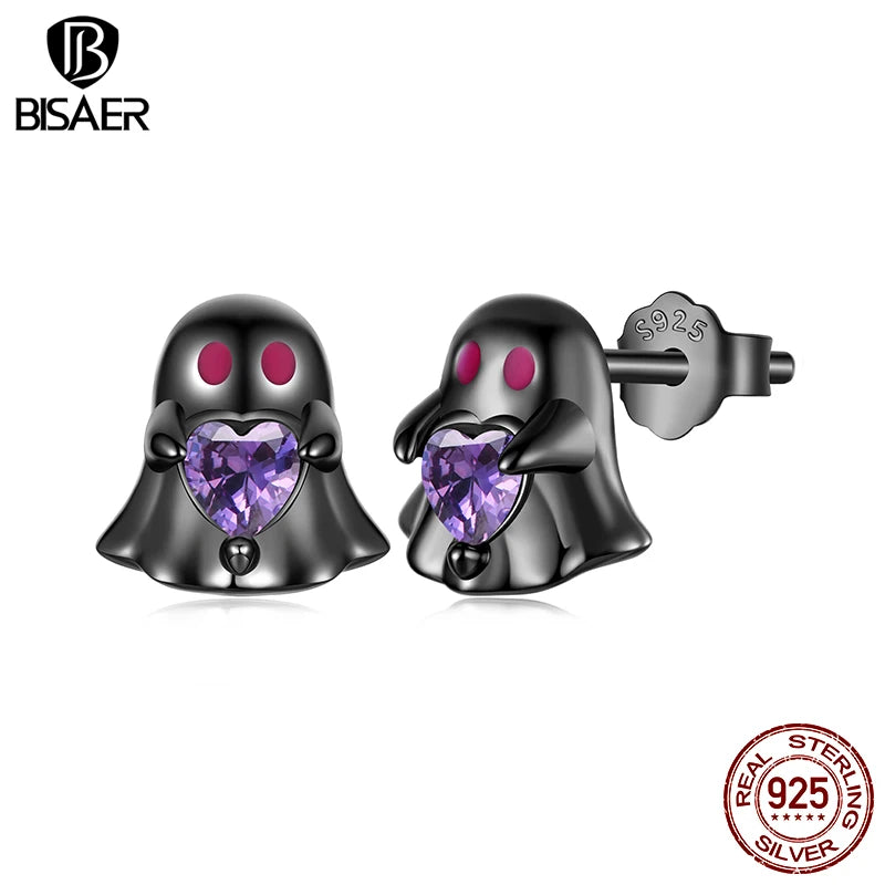 BISAER 925 Sterling Silver Ghost Stud Enamel Black Process Earrings for Women Party Fine Jewelry Halloween Gifts ECE1961