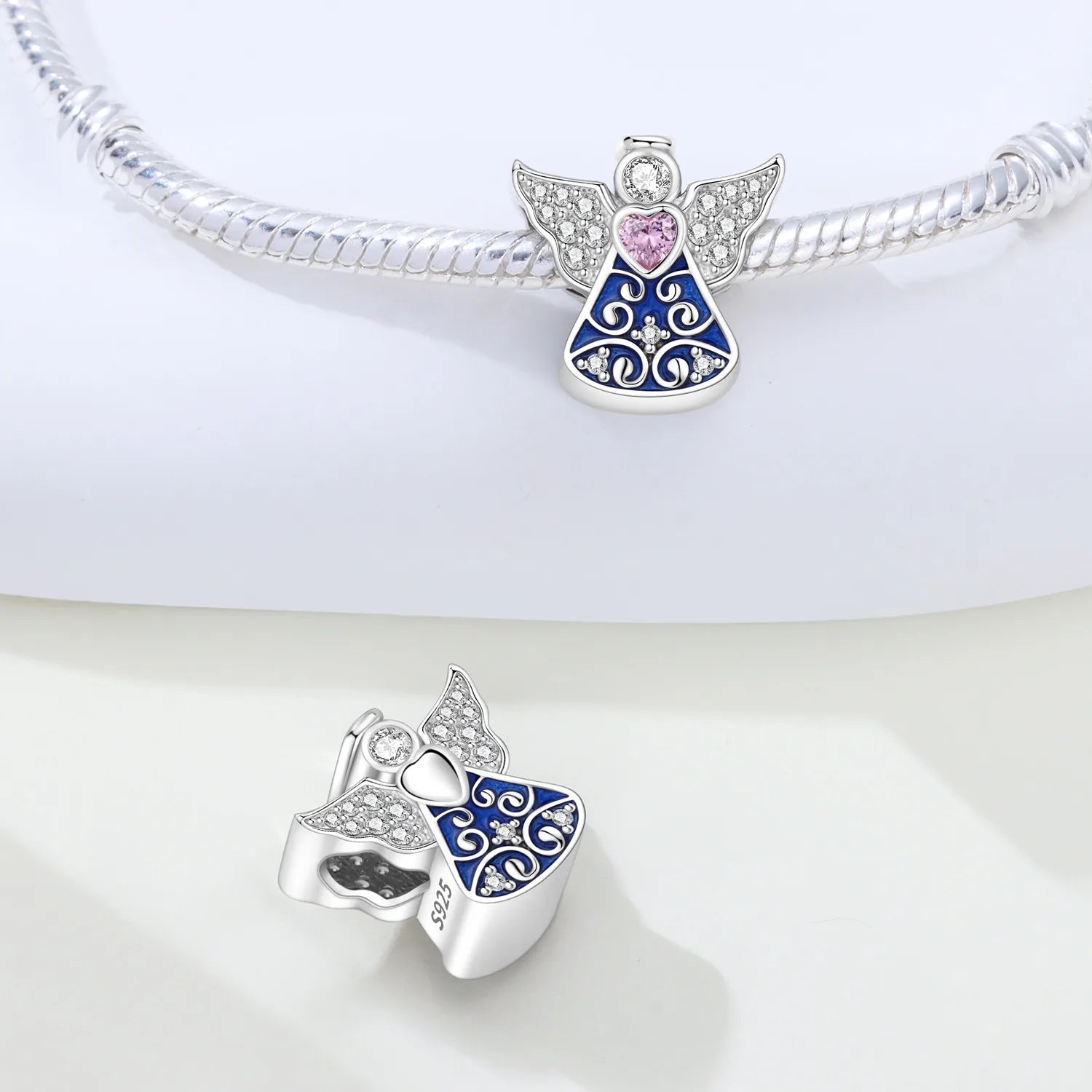 PANPOKI 925 Sterling Silver Double Angel Religious Symbol Beads Original Pendants Bracelet Charm Jewelry Party DIY Trendy Gifts