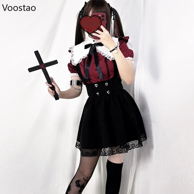 Gothic Y2k Lolita Shirt Japanese Harajuku Girls Sweet Lace Ruffles Bow Puff Sleeve Blouses Women Punk Clothes Tops Blusas Mujer