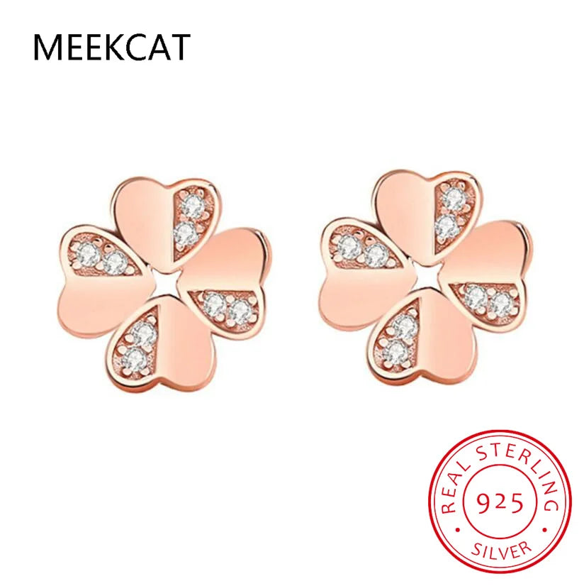 Real 925 Sterling Silver Zircon Clover Stud Earrings For Women Cute Fine Jewelry Minimalist Accessories