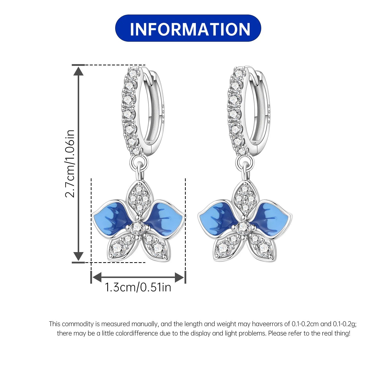 PANPOKI 925 Sterling Silver Blue Butterfly Orchid Earrings Original Jewelry Drop Earrings Jewelry Party Anniversary Trendy Gift