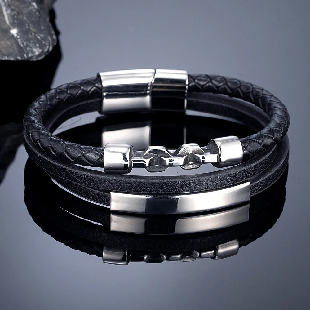 MKENDN Punk Style Multilayer Braided Leather Bracelet Vintage Men Bicycle Chain Bracelet Stainless Steel Easy Buckle Male Gift
