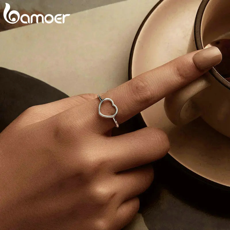 BAMOER Sterling Silver 925 Simple Heart Open Rings Minimalist Adjustable Ring for Women Statement Ring Jewelry Gift BSR593-E