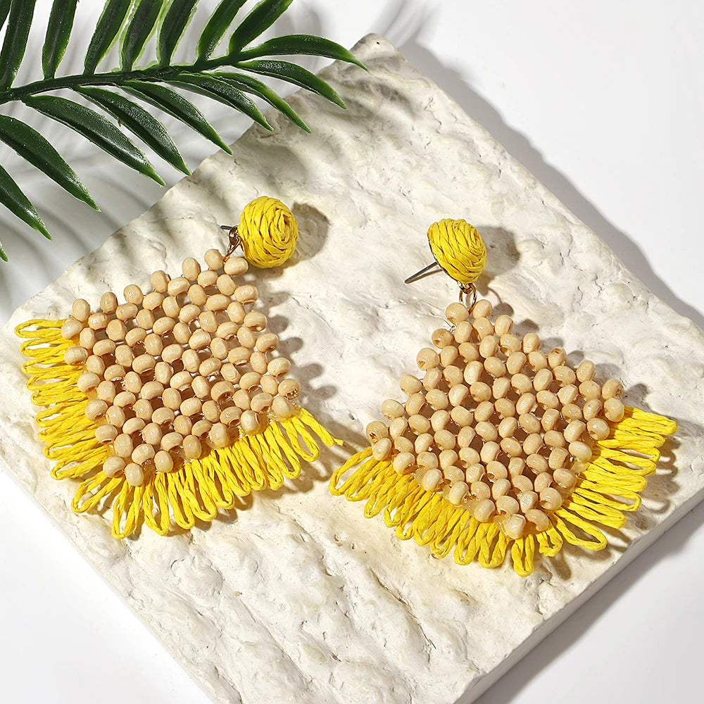 AENSOA Handmade Woven Rattan Knit Raffia Wooden Drop Earrings for Women Bohemian Circular Fan Shaped Statement Earrings Jewelry