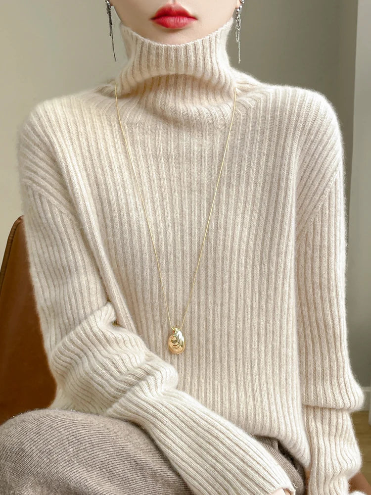Women 100% Merino Wool Sweater Turtleneck Knitted Vertical Stripes Pullover Autumn Winter Thickened Cashmere Casual Knitwear Top