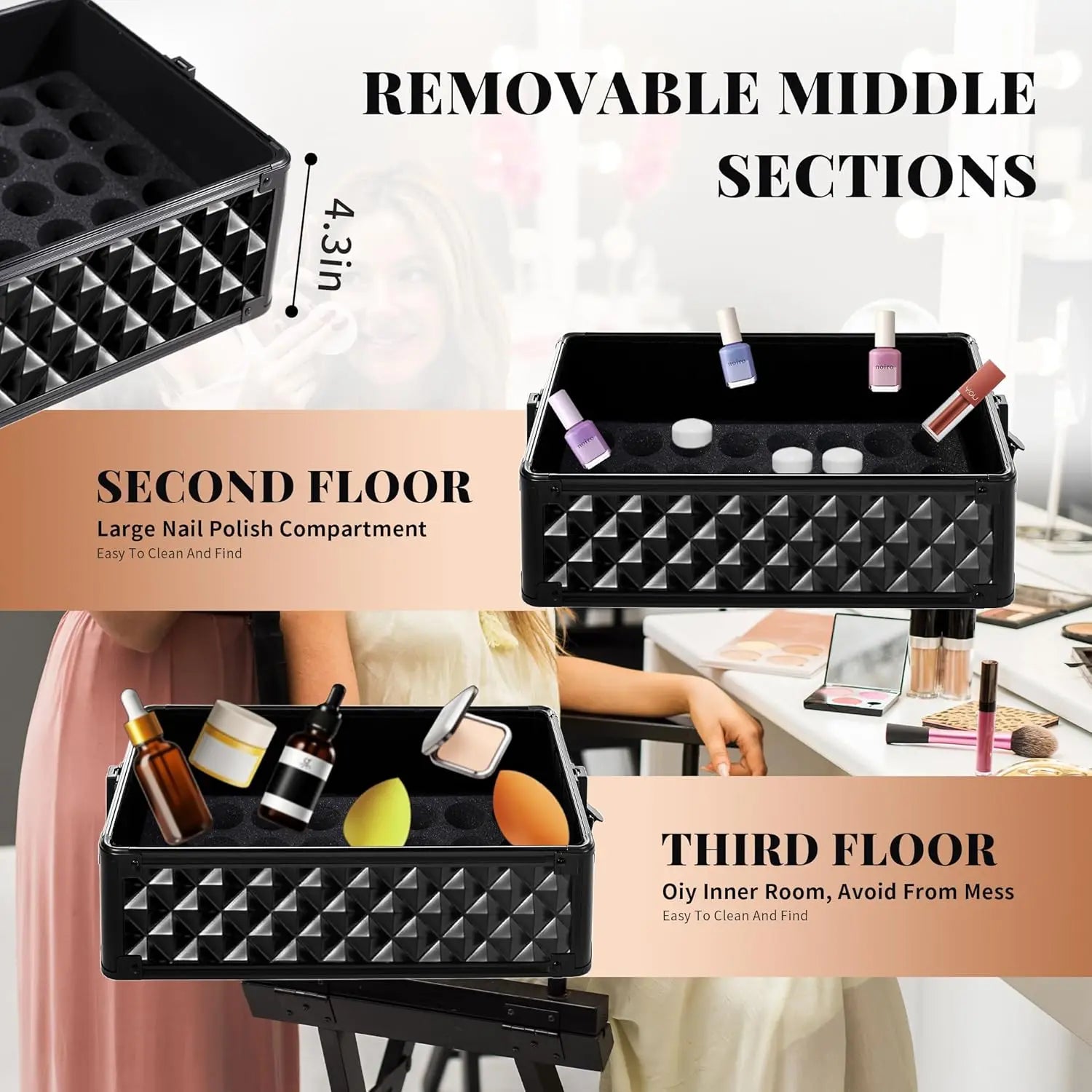 Rolling Makeup Train Case 4 in 1 Cosmetology Case on Wheels Large Storage Cosmetic Trolley with Key Salon Barber Case