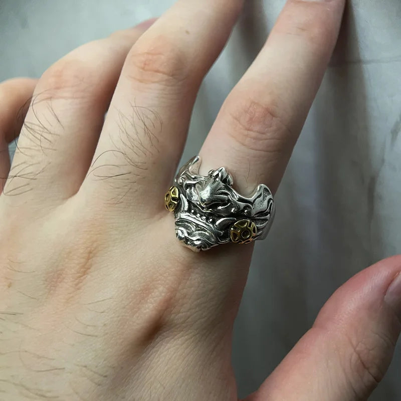 Retro Samurai Cyberpunk Mask Ring Punk Gothic Adjustable Open Ring For Men Copper Designer Jewelry Biker Accessories Unisex Gift