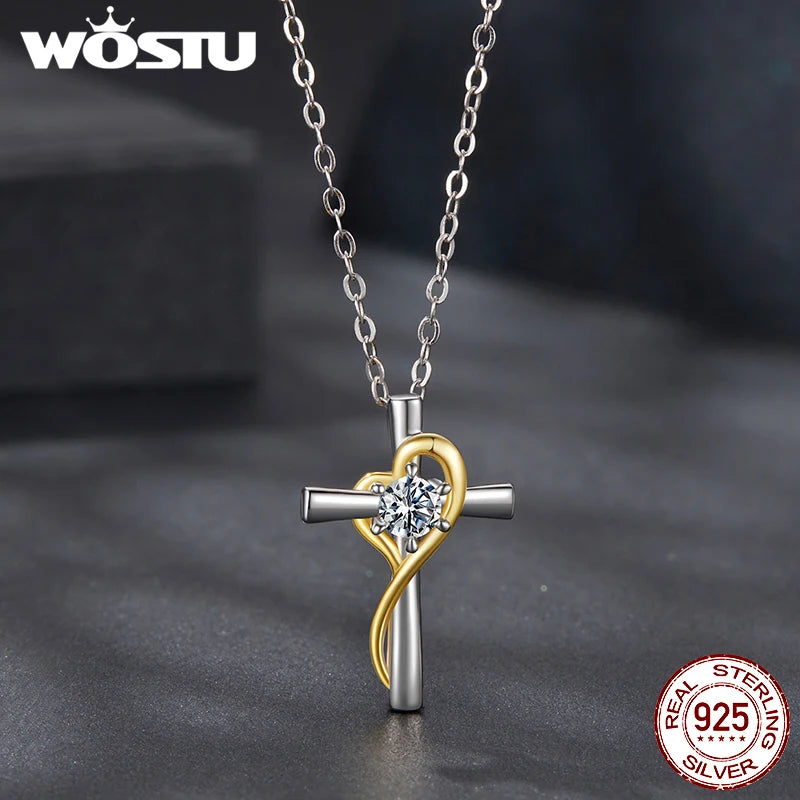 WOSTU Moissanite Cross Pendant Heart Necklace For Women 925 Silver 18K Gold Diamond Cut moissanite Wedding Jewelry Party Gift