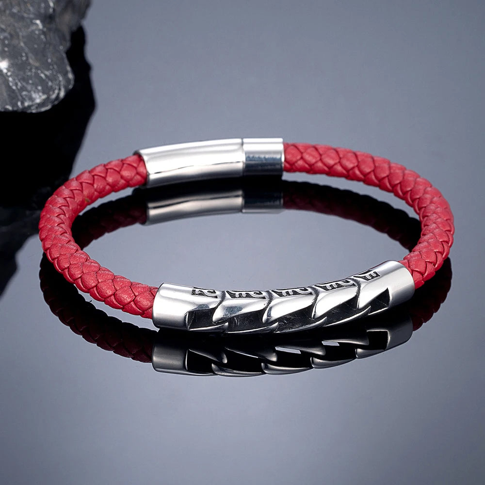 MKENDN Simple Style Braided Leather Bracelet Vintage Men Bicycle Chain Bracelet Stainless Steel Easy Buckle Male Jewelry