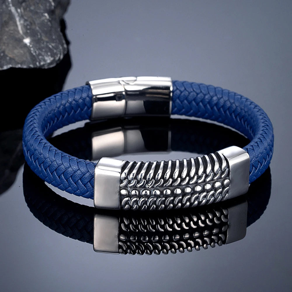 MKENDN Viking Leather Cuff Bracelet Norse Wristband in Black Blue Red Men's Leather Bracelet Viking Warrior Jewelry Gift For Son