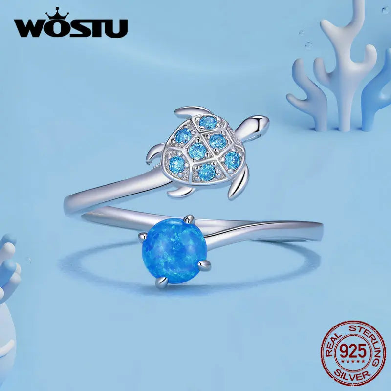 WOSTU 925 Sterling Silver 3D Tulip Open Ring Light Blue Sea Turtle Finger Ring Ocean Opal for Women Dreamy Party Jewelry Gift