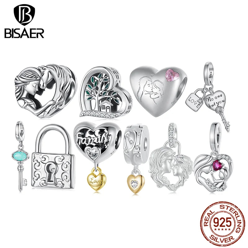 BISAER 925 Sterling Silver Eternal Love Family Charm Bead Lock Key Heat Mom Pendant For Women DIY Bracelets Fine Jewelry Gift