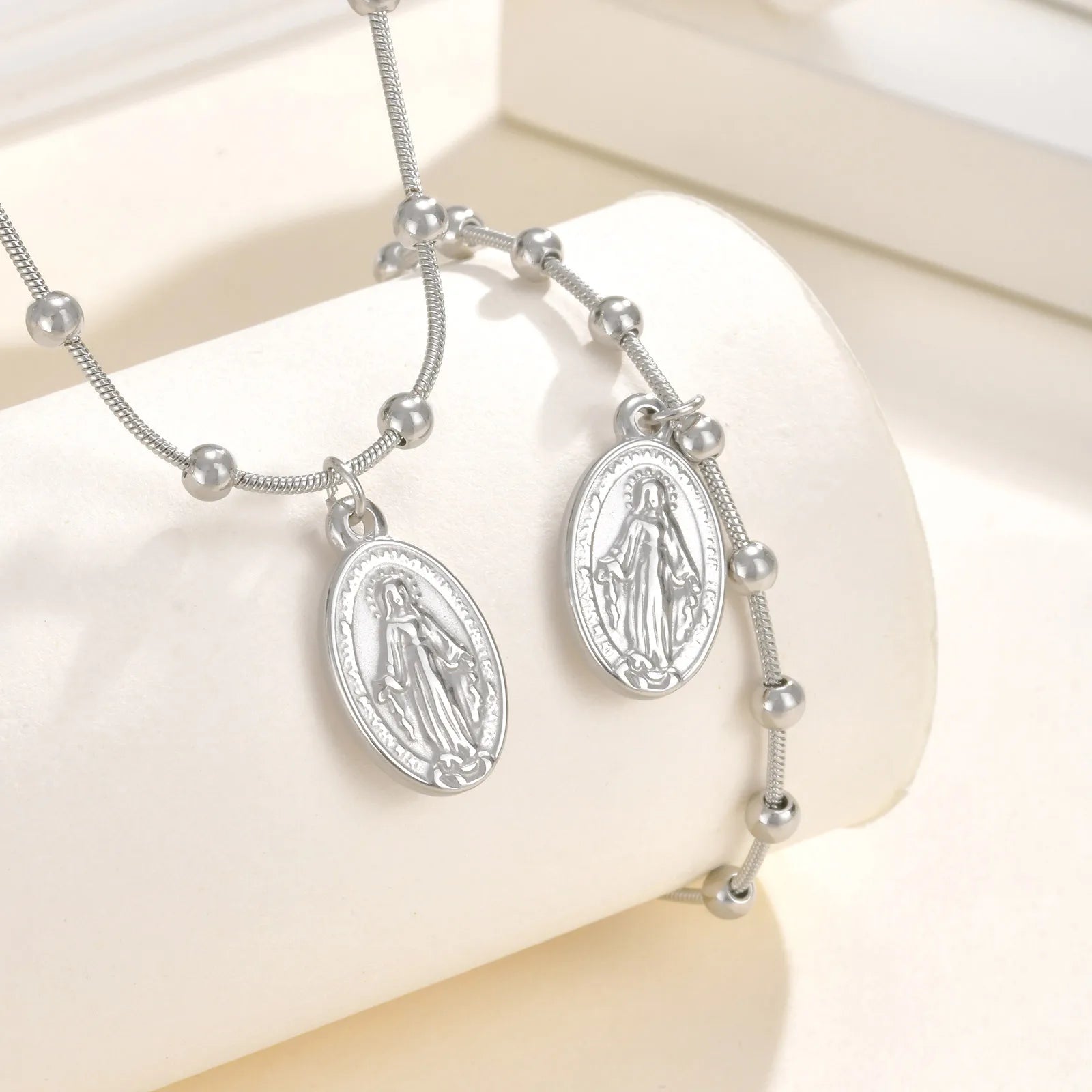 Vnox Light Luxury Rosary Necklaces For Women,Stainless Steel Beads Chain Virgin Mary Pendent,Cross Tail Religion Jewelry Gift