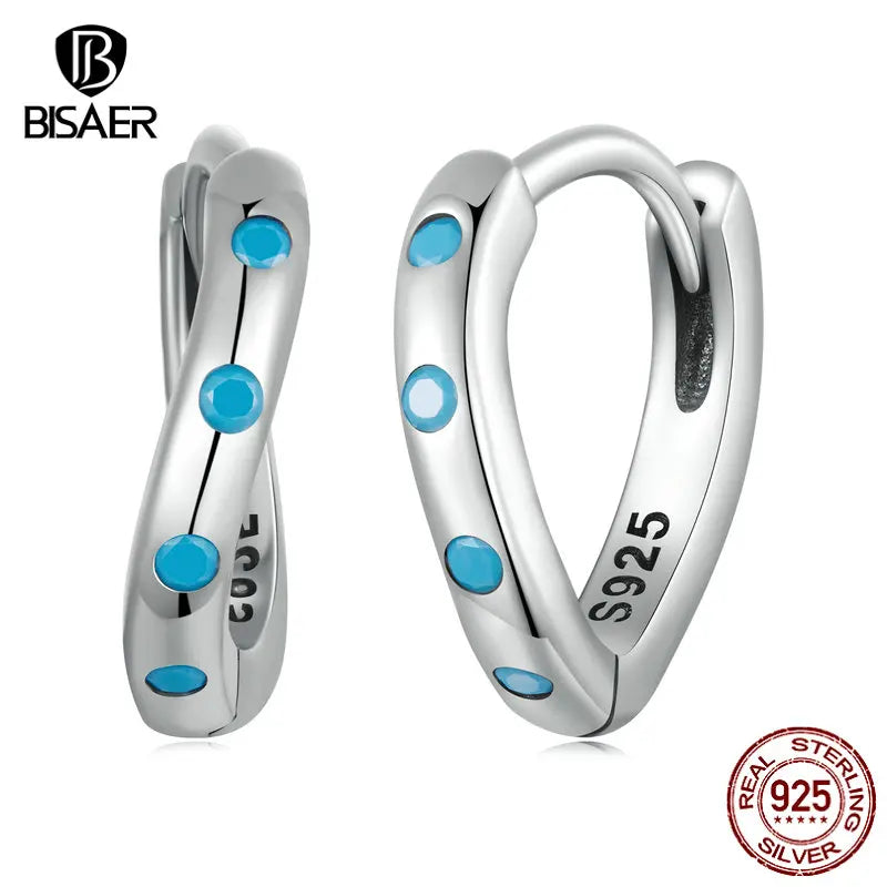 BISAER 925 Sterling Silver Blue Waves Hoop Earrings Turquoise Stud Earring For Women Party Original Fine Jewelry Holiday Gifts