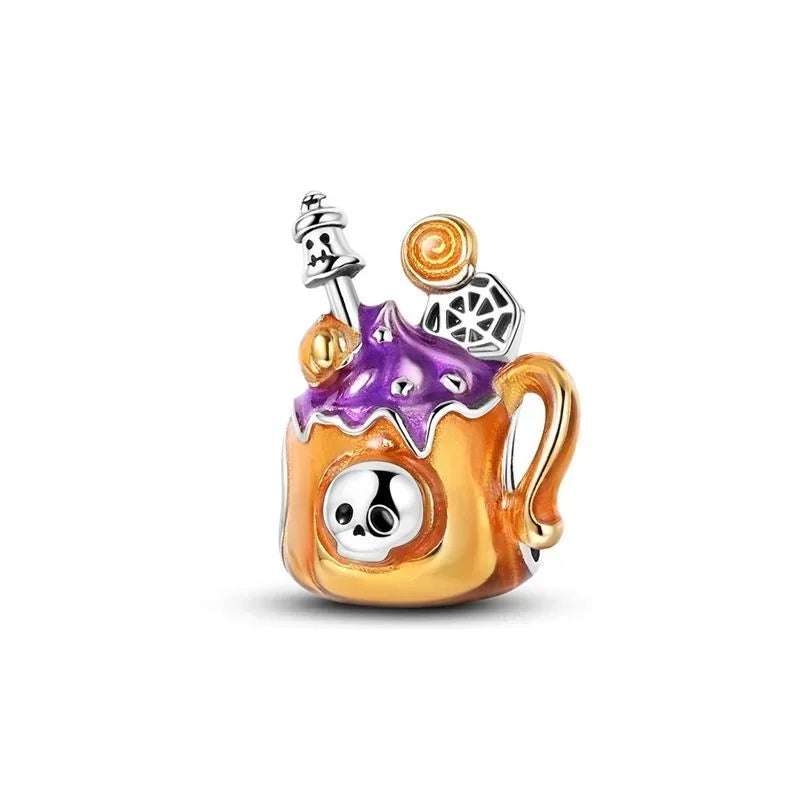 Original 925 Sterling Silver Halloween Charms Pumpkin Skull Witch Ghost Bead Earrings Pendant Fit Bracelet Necklace Jewelry