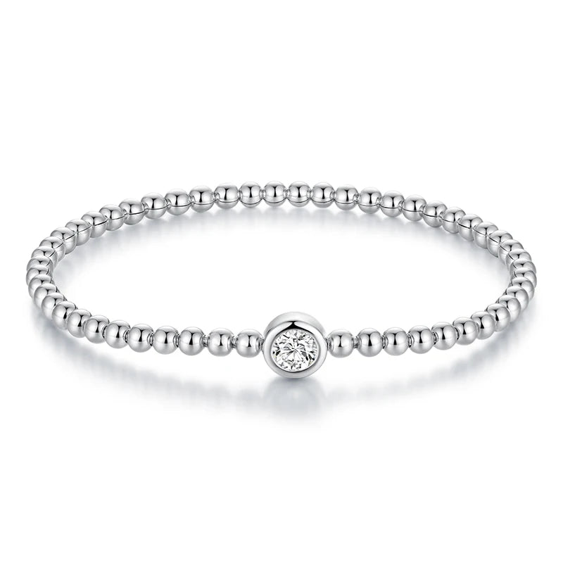 WOSTU 925 Silver Bead Bracelet with 7mm Heart Round CZ,  Adjustable Spring bangle Bracelet to 16-19cm Valentines Day Jewelry