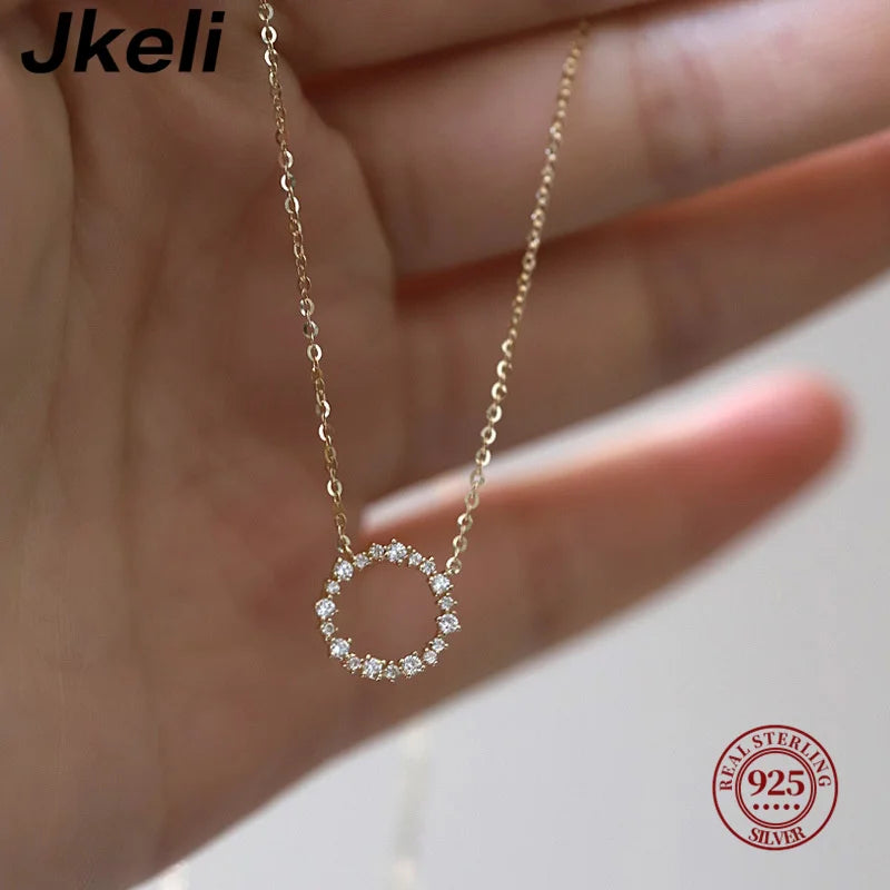 Jkeli - 100 % S925 Sterlingsilber, plattierte 18-karätige Goldhalskette mit Diamantkreis im japanischen und koreanischen K-Gold-Stil