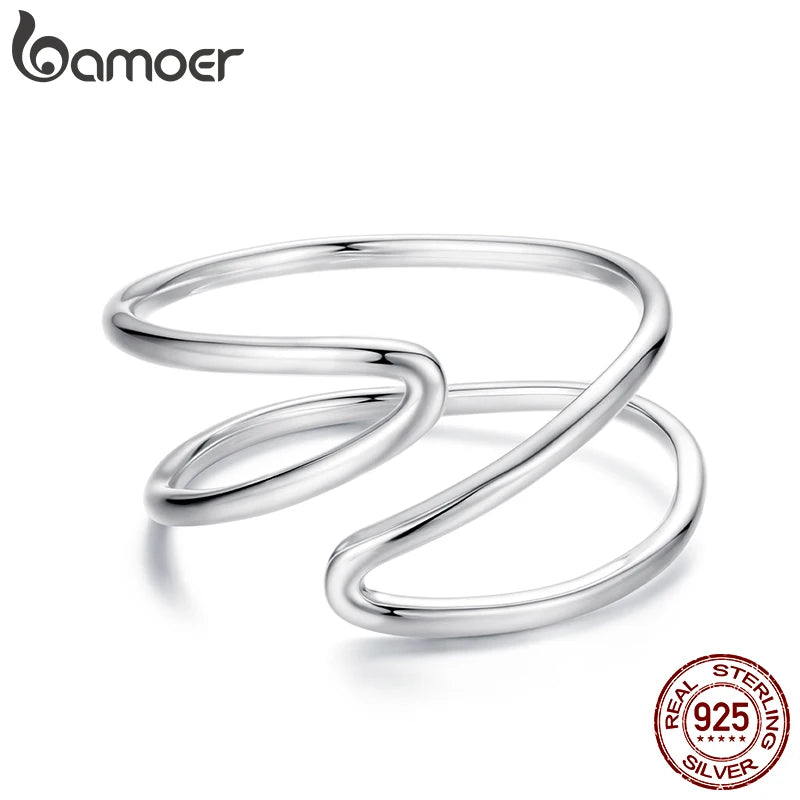 BAMOER 925 Sterling Silver Two-Layered Cross Open Ring Curved Line Simple Ring for Women Teen Minimalist Daily Gift Fine Jewelry