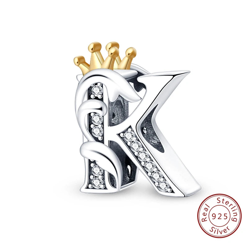 925 Sterling Silver 26 Alphabet A-Z Crown Letters Charms Bead Fit Original Bracelet Fine DIY Charm For Woman Anniversary Jewelry