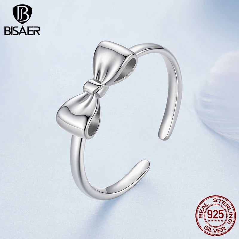 BISAER 925 Sterling Silver Bow-knot Open Ring Adjustable  Bow-knot Band Plated White Gold for Women Party Original Fine Jewelry