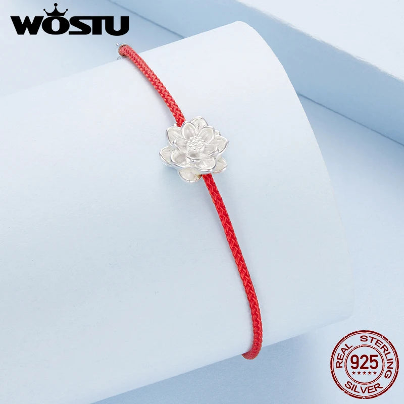 WOSTU Lotus Red Braided Cord Wrist Bracelet for Women, 925 Sterling Silver Elegant 3D Flower Charm Adjustable Rope Bangle