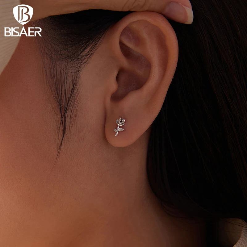 BISAER Autumn Flowers Stud Earrings 925 Sterling Silver Yellow Enamel Process Stud Ear for Women Party Fine Jewelry Gifts