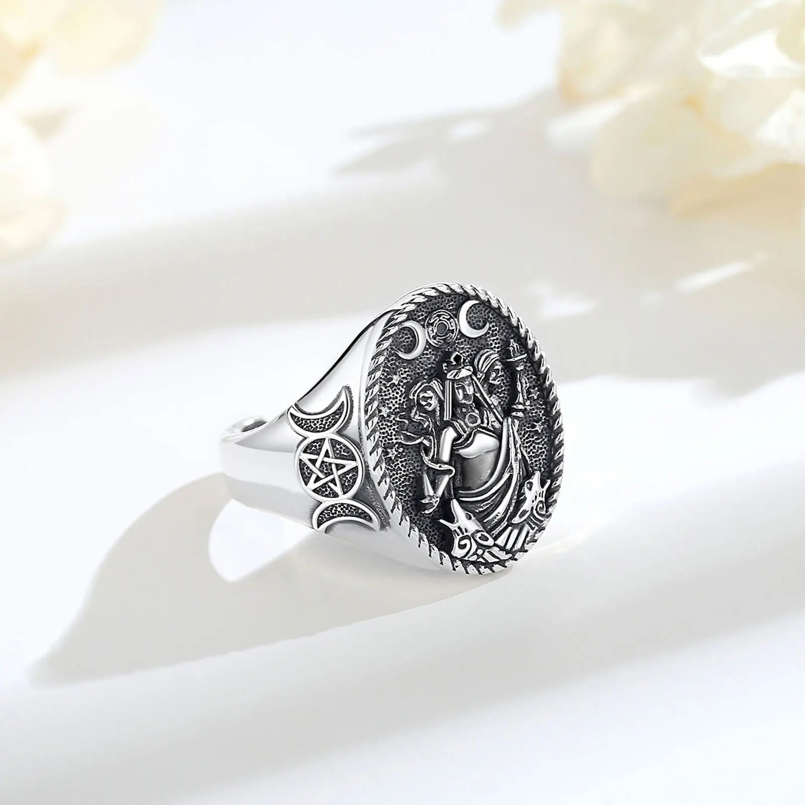 Eudora 925 Sterling Silver Triple Moon Goddess Adjustable Ring Dog Hecate Amulet Ring Triple Goddess Jewelry for Women Man Gift