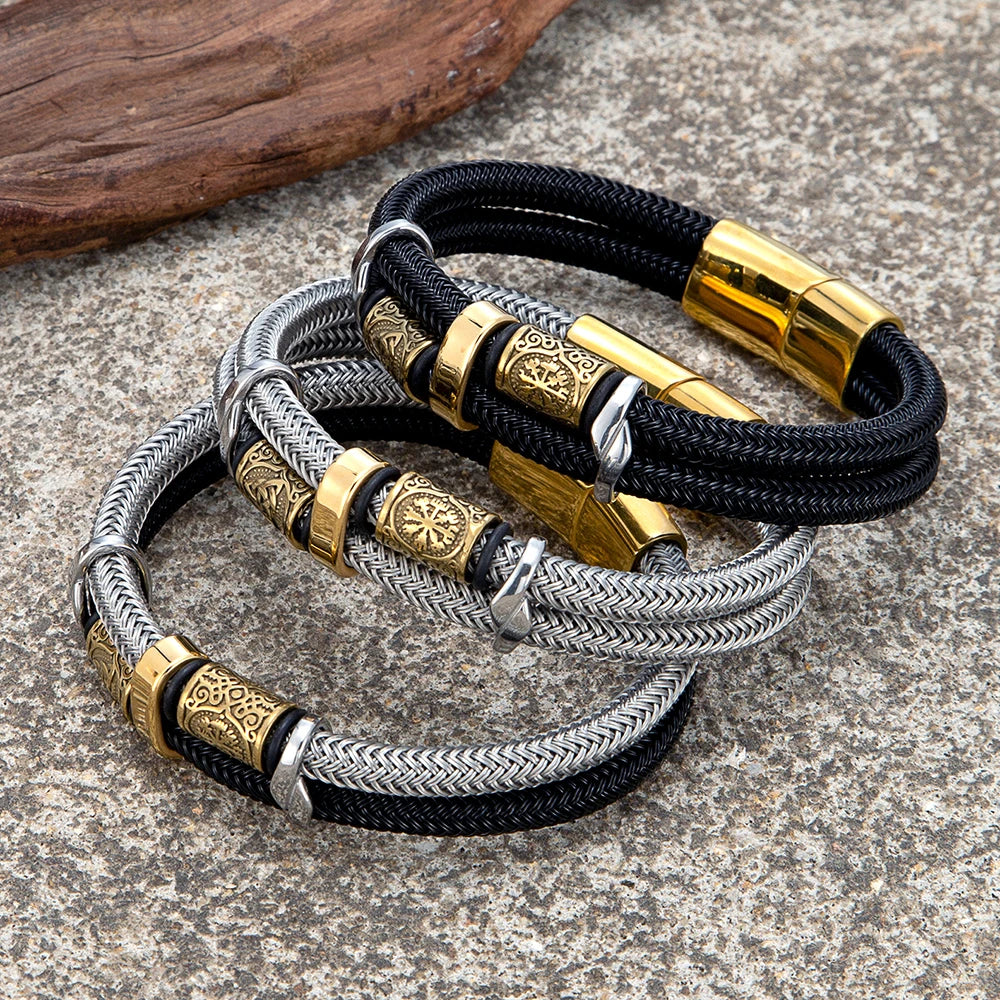 MKENDN Norse Mythology Viking Compass Runes Amulet Bracelet With Non-fading Steel Wire Rope Bracelet Men Classic Charm Bracelet