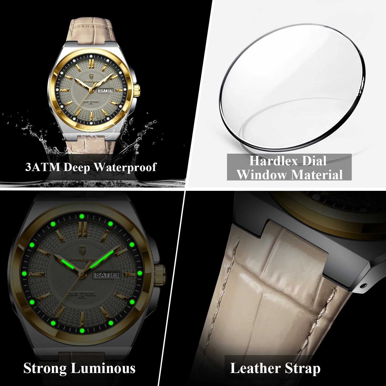 POEDAGAR Luxury Original Man Wristwatch Waterproof Luminous Date Week Quartz Men's Watches High Quality Casual Leather Men Watch