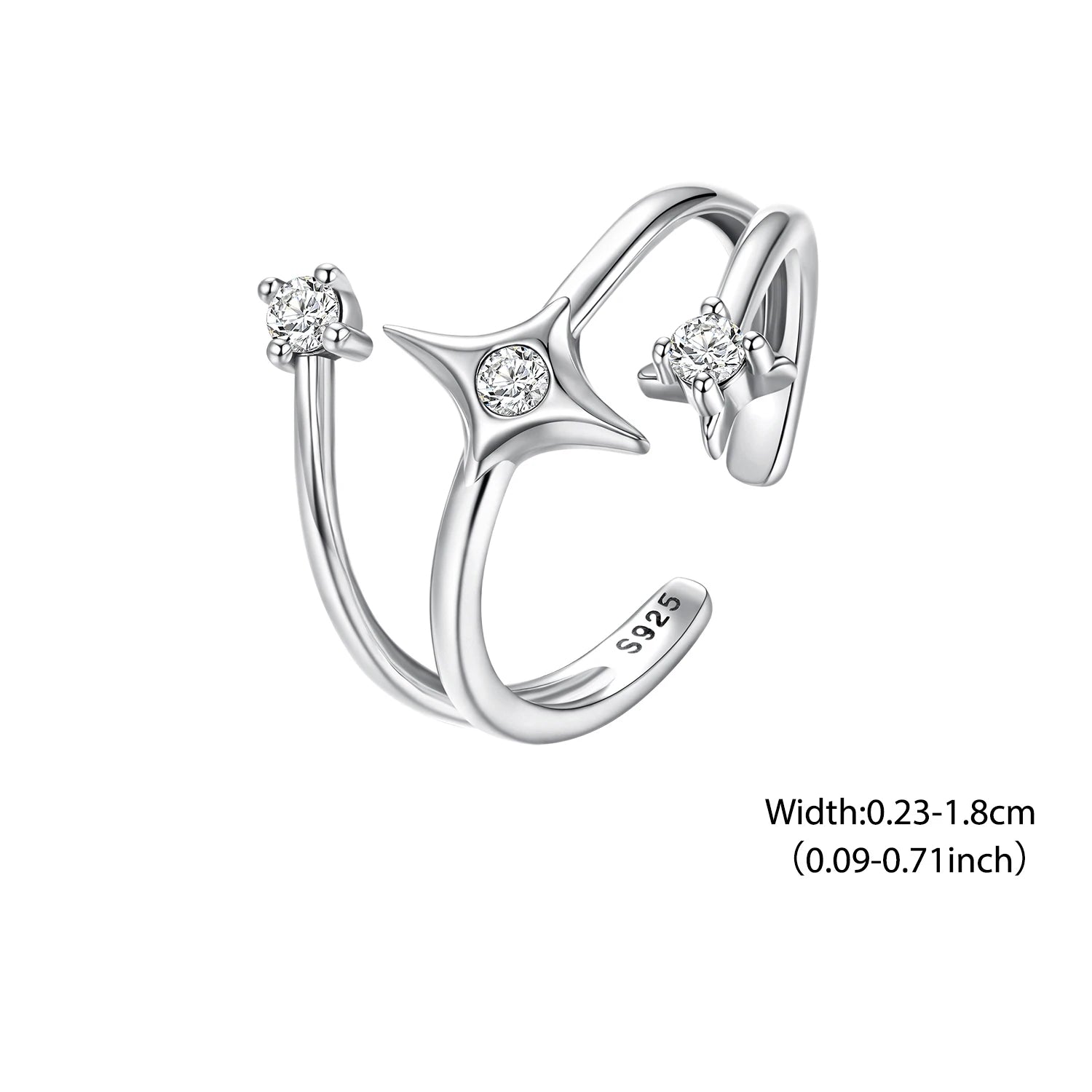 BISAER 925 Sterling Silver Multi-layered Starry Open Ring Sparkling Zircon Adjustable Size 5-9 Band for Women Party Fine Jewelry