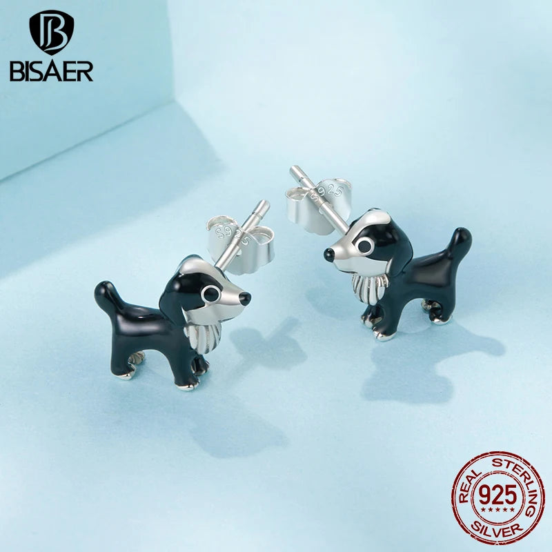 BISAER 925 Sterling Silver Cute Border Collie Stud Earrings Pet Dog Enamel Proces Stud Ear for Women & Girl Party Fine Jewelry