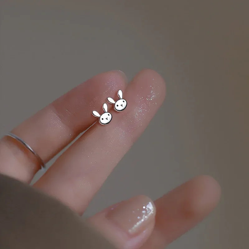 VOQ Silver Color Cute Minimalism Mini Bunny Rabbit Stud Earrings for Women Girl Birthday Jewelry Gift Earring