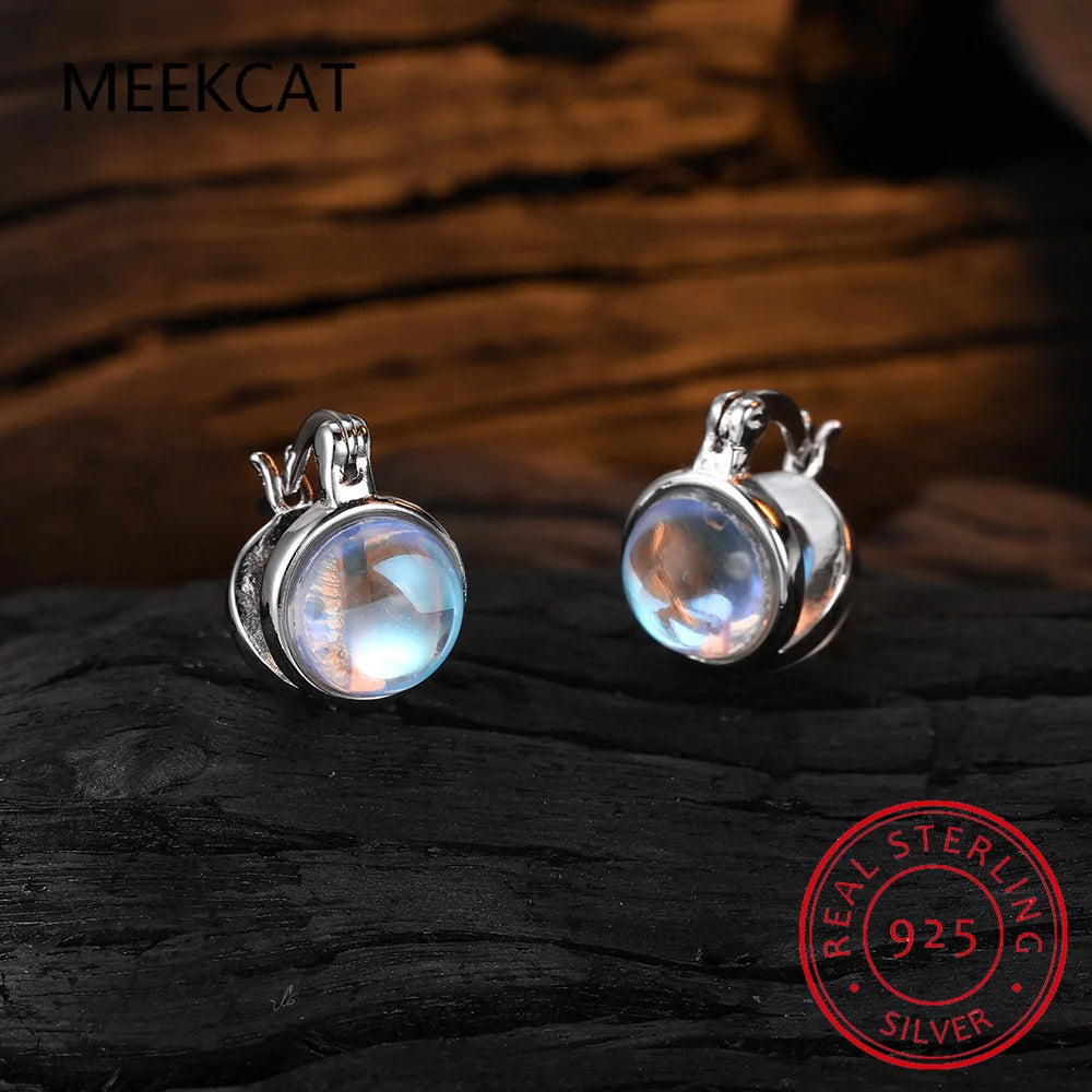 925 Sterling Silver Round Moonstone Ear Buckles Double Layer Circle Hoop Earring Aretes for Women Fine Jewelry Birthday Gift