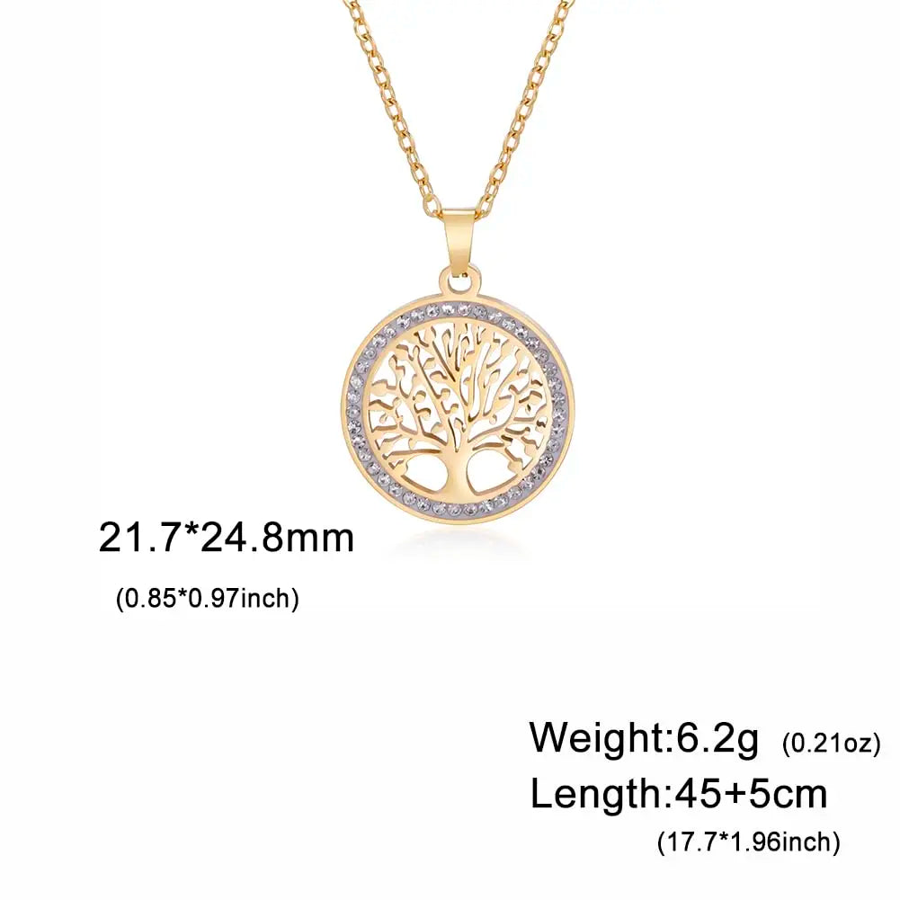 Collier Arbre de Vie Dreamtimes pour femme, en acier inoxydable, avec pendentif rond en zircon clair. Bijou tendance et luxueux.
