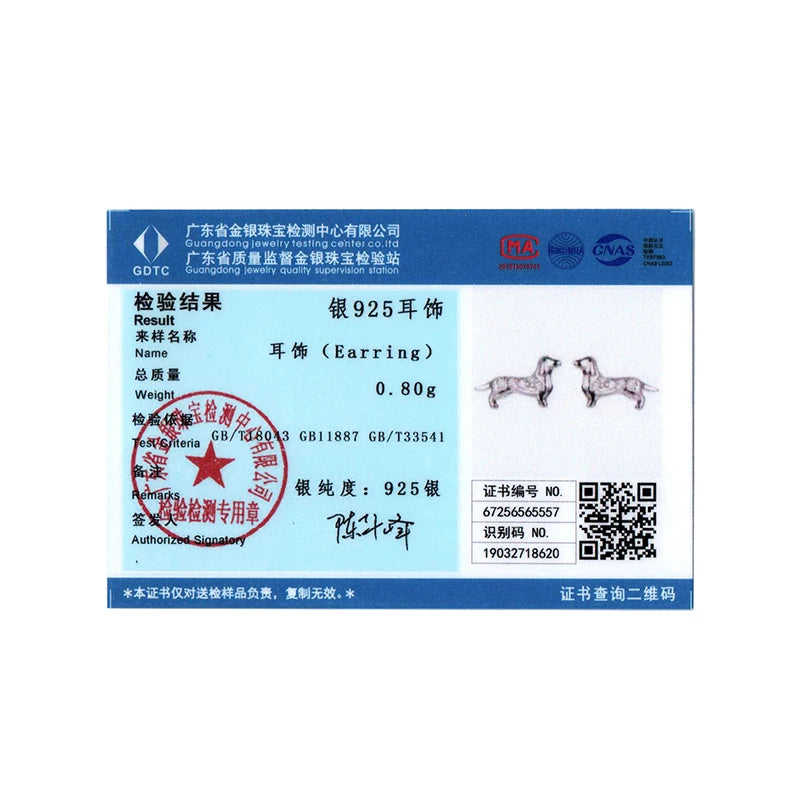 BISAER 925 Sterling Silver Cute Dachshund Stud Earrings Pet Dog Hypoallergenic Earrings Plated White Gold for Women Fine Jewelry