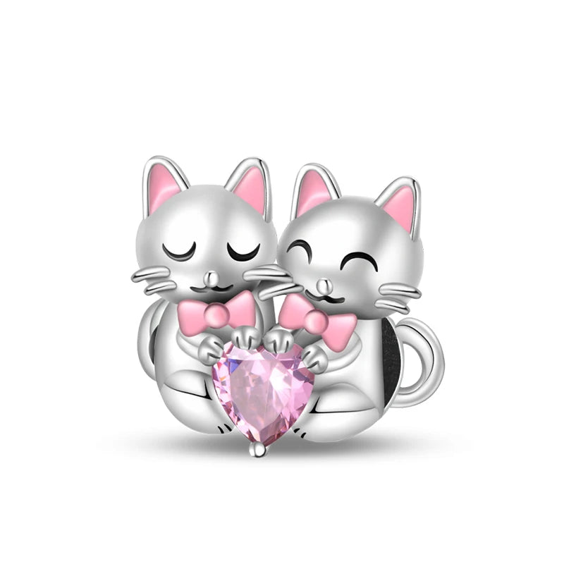 New 925 Silver Pink Rabbit Bear Cat Dog Animal Charms Beads Fit 3mm 925 Original Bracelets Fine DIY Birthday Jewelry