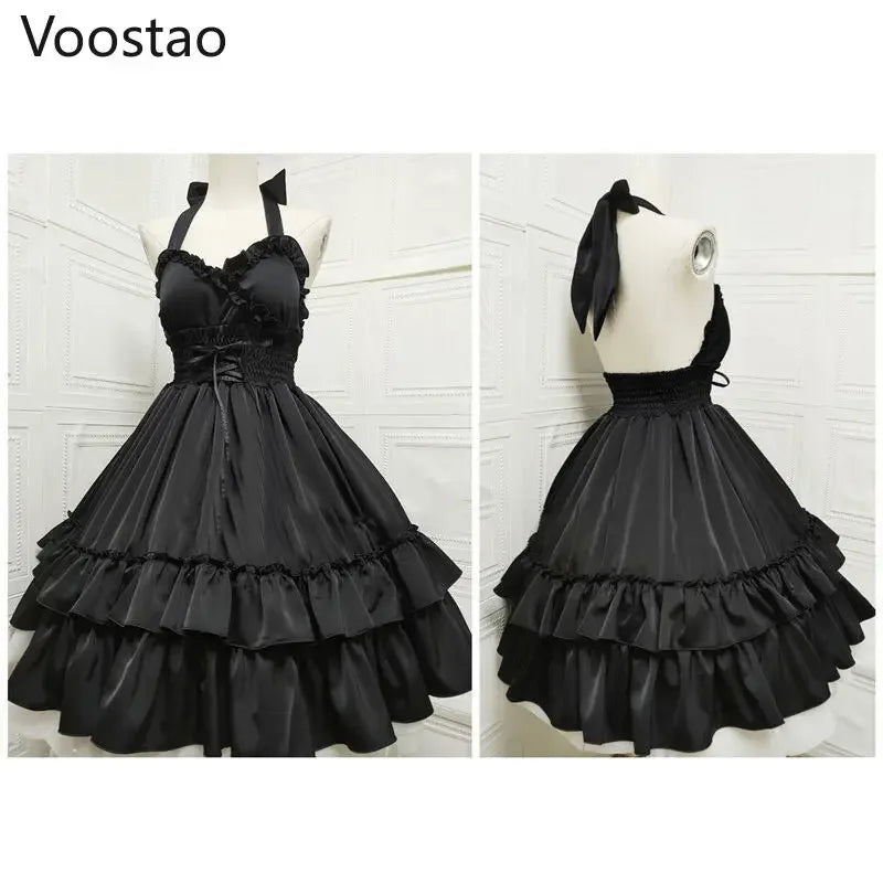Vintage Elegant Lolita Jsk Dress Women Sweet Princess Dancing Party Slim Dresses Girly Cute Ruffles Halter Collar Wedding Dress