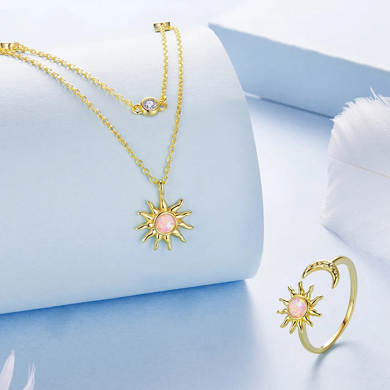 WOSTU Double Layer Zircon Chain Links 925 Sterling Silver 18K Gold Pink Opal Sun Moon Pendant Necklace Wedding Party Jewelry Gif