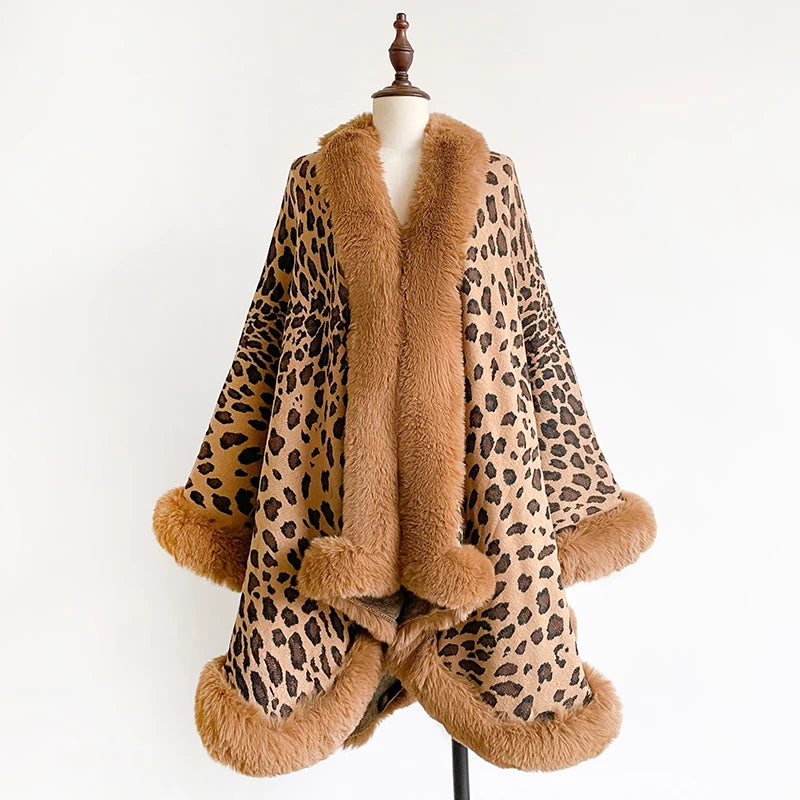 Women's Thick Warm Leopard Print Outerwear - Y2K Streetwear & Elegant Cloak Coat Jacket & Poncho for Autumn Winter