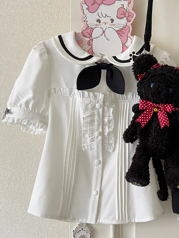 Y2k Lolita Style Overalls Shorts Set Women Sweet Sailor Collar White Shirt Cartoon Cat Rompers Suit Blouse Shorts 2 Piece Set