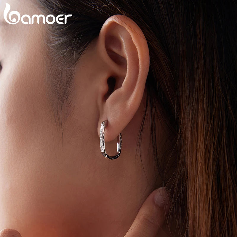 BAMOER 925 Sterling Silver Carved Floral Hoop Earrings for Women, Vintage Textured Oval Square Ear Cuff Minimalist Jewelry Gift