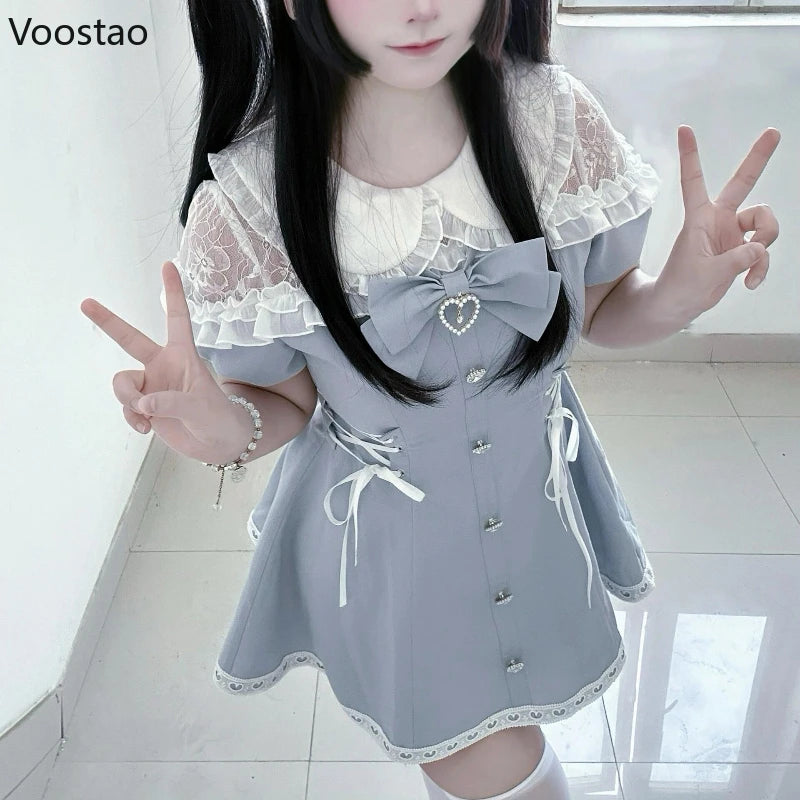Japanese Style Sweet Bow Dress Shorts Set Women Kawaii Lace Puff Short Sleeve Shirt Dresses Female Gothic Y2k Lolita Outfits