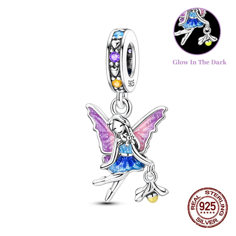 100% 925 Sterling Silver Glowing Planet Zircon Flower Fairy Four Leaf Clover Charms Bead Fit Original Bracelets DIY Jewelry Gift