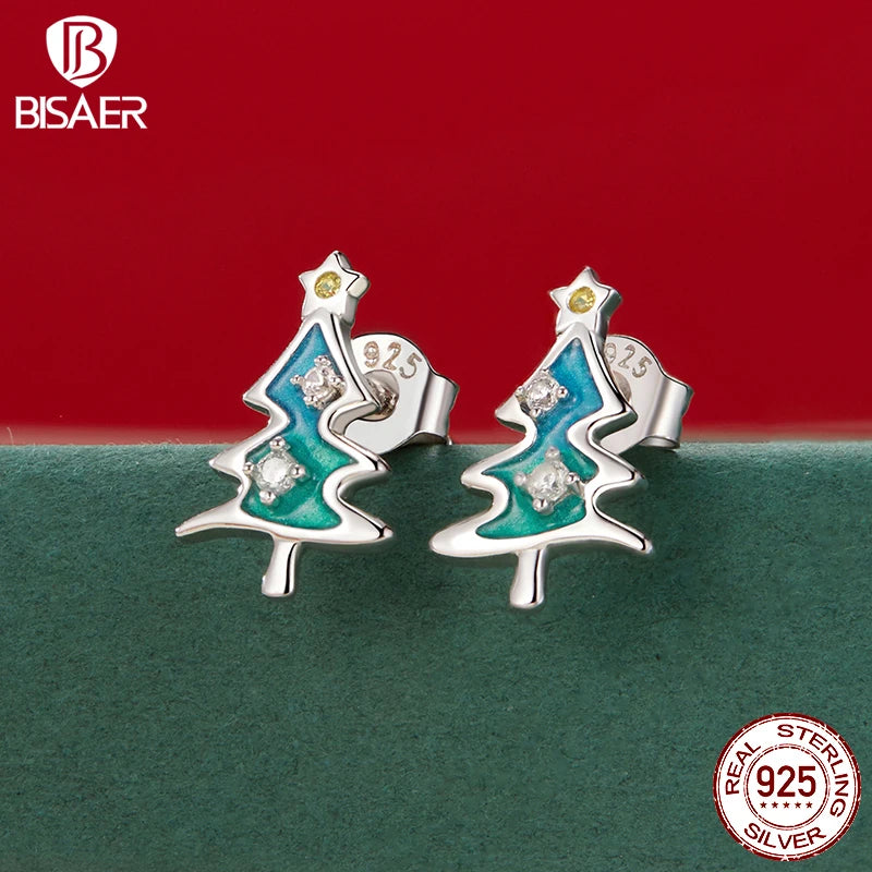 BISAER 925 Sterling Silver Santa Claus ChristmasTree Earrings for Teens, Dainty Hypoallergenic Studs Christmas Gifts Jewelry