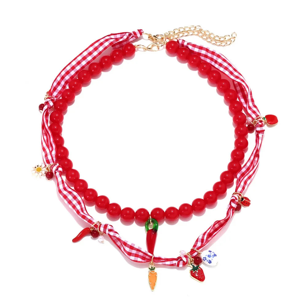 ZAA Sweet Handmade Multi-layer Beaded Strawberry Chili Choker Necklace
